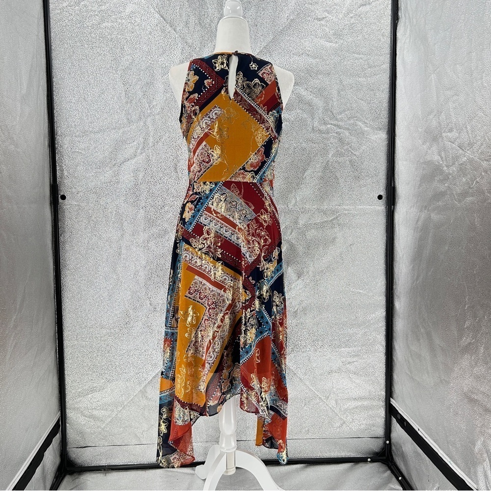 Laundry By Shelli Segal Boho Gold Asymmetrical Hem Sleeveless Midi Dress Size 6 - Picture 2 of 10